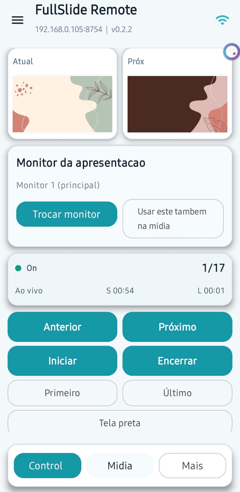 Tela do app FullSlide Remote no celular